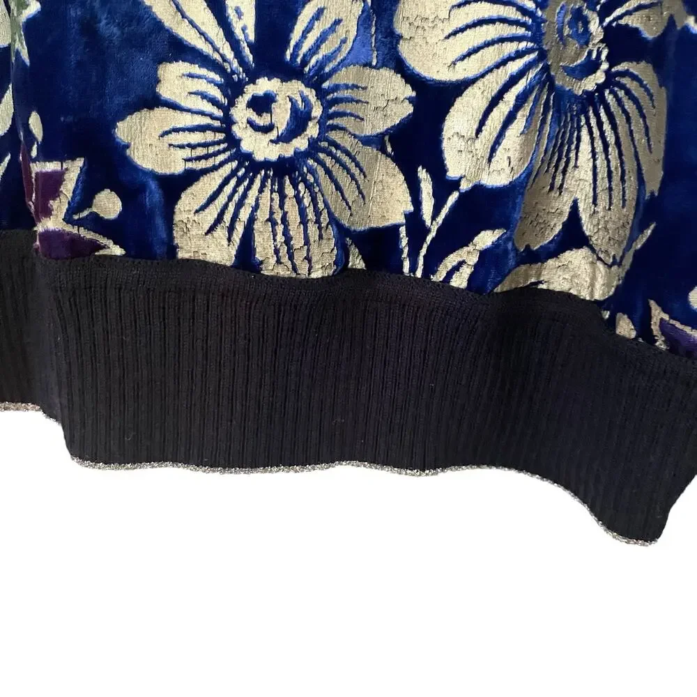 Tory Burch Hollis Floral Foil Print Velvet Front Navy Crewneck Sweater Size XL